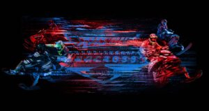 graphic with racers stylized in red and blue with glitched Snocross logo in the middle