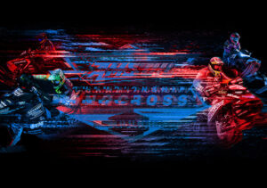 graphic with racers stylized in red and blue with glitched Snocross logo in the middle