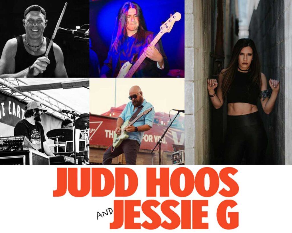 collage of five band mates. Female in an alley on the far right then two black and white photos of two men on the far left. Right next to the black and white photos , lies two color photos of the last two band mates, both male and playing guitars.