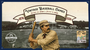 picture of vintage baseball player in an old colorized line-work style. Historic picture of a baseball field is behind him.