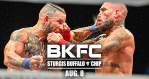 Photo of two men, heavily tattooed punching each other. White text says BKFC Sturgis Buffalo Chip August 8.