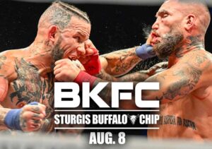 Photo of two men, heavily tattooed punching each other. White text says BKFC Sturgis Buffalo Chip August 8.