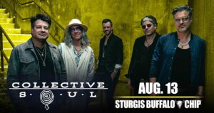 Photo of the band consisting of five men, yellow highlights, with Collective Soul, August 13, Sturgis Buffalo Chip in white text.