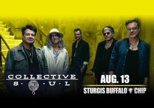 Photo of the band consisting of five men, yellow highlights, with Collective Soul, August 13, Sturgis Buffalo Chip in white text.