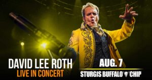 Photo of David Lee Roth wearing an embroidered yellow coat. August 7 at Sturgis Buffalo Chip.