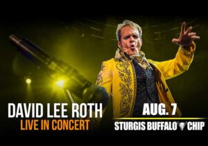Photo of David Lee Roth wearing an embroidered yellow coat. August 7 at Sturgis Buffalo Chip.