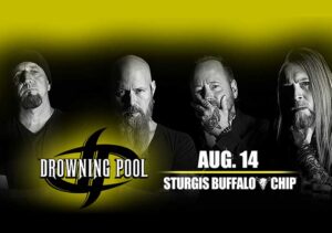 Black and white photo of the band, yellow highlights, with Downing Pool, August 14, Sturgis Buffalo Chip in white text.