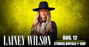 Photo of the female performer, yellow highlights, with white text that says Laney Wilson August 12 Sturgis Buffalo Chip