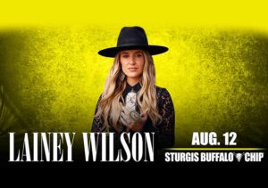 Photo of the female performer, yellow highlights, with white text that says Laney Wilson August 12 Sturgis Buffalo Chip