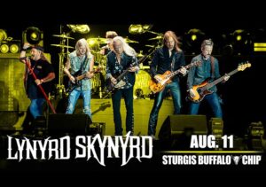 Photo of the band consisting of five men, yellow highlights, with white text that says Lynyrd Skynyrd August 11 Sturgis Buffalo Chip