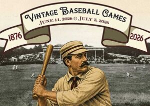 A black and white historic photo of a baseball game with a vintage-style player winding up for a swing. The banner on top says "Vintage Baseball Game"