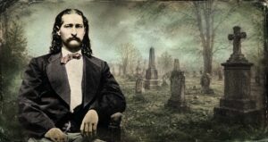 Wild Bill Hickok sitting with a historic cemetery in the background.
