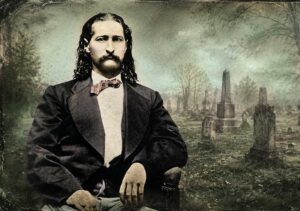 Wild Bill Hickok sitting with a historic cemetery in the background.
