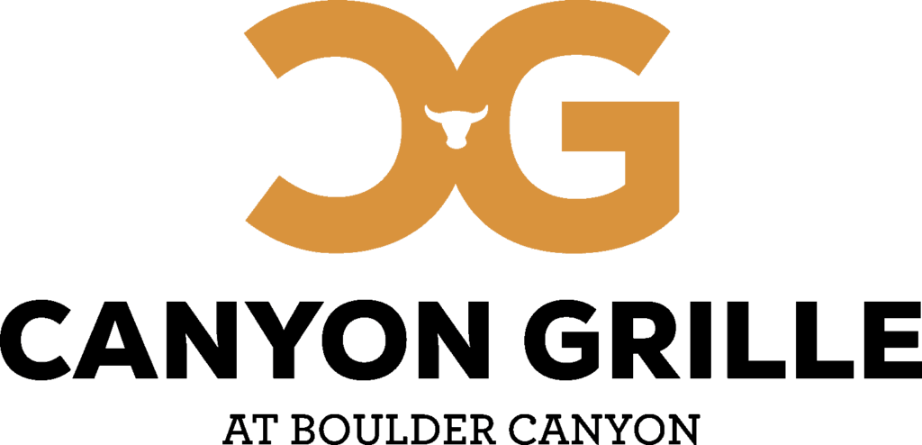 The Canyon Grille logo. A marigold colored reverse C and normal G with backs touching. There is a white steerhead in the middle of the letters and the words "Canyon Grille at Boulder Canyon" are in black underneath